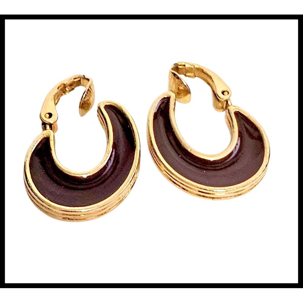 Avon Vintage Crescent Moon Enamel Hoop Earrings Gold Tone Brown Cream Statement